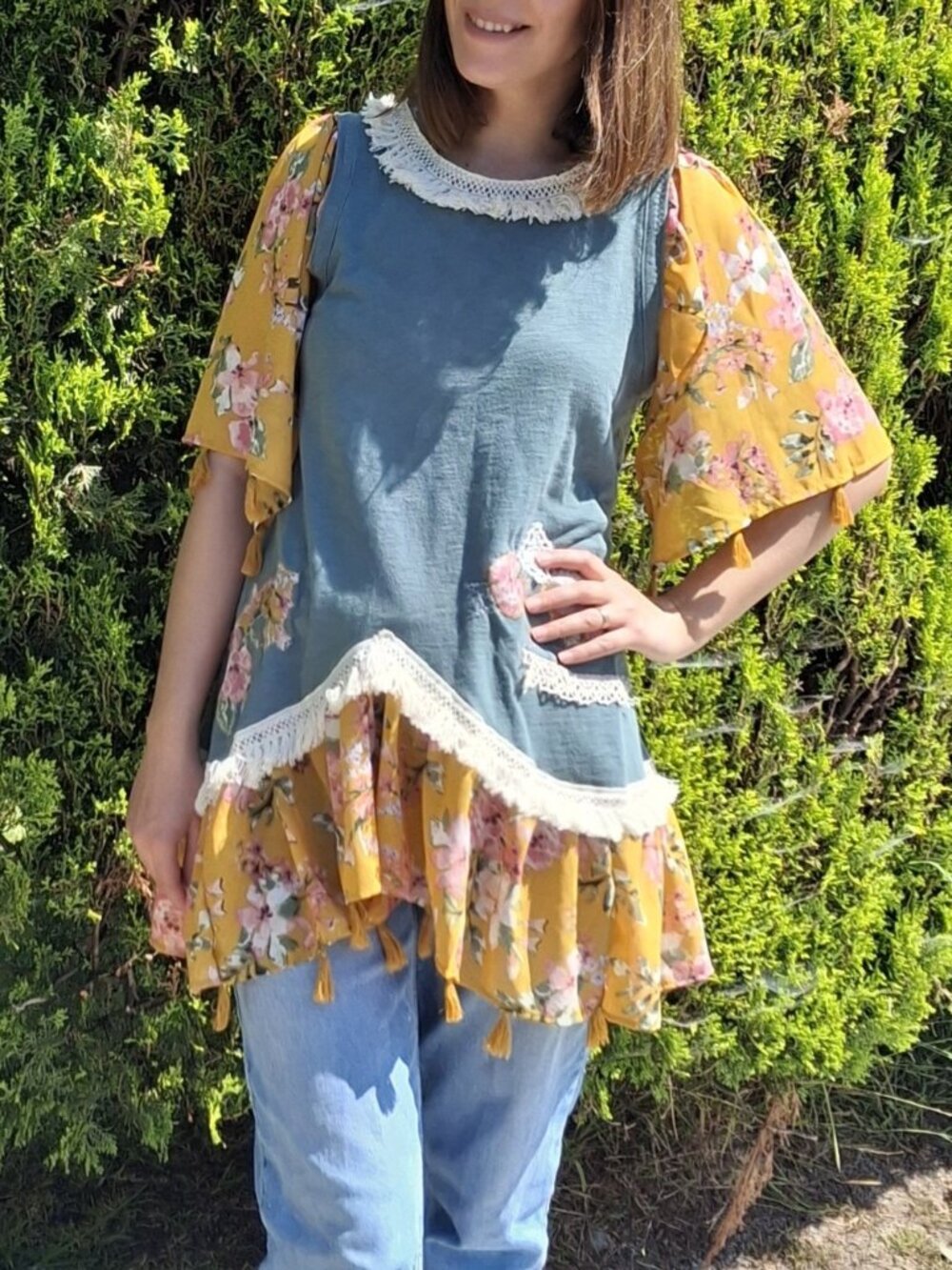Ensy Handmade Boho Tunic Top M Upcycled Cotton Blend Floral Flutter Sleeve